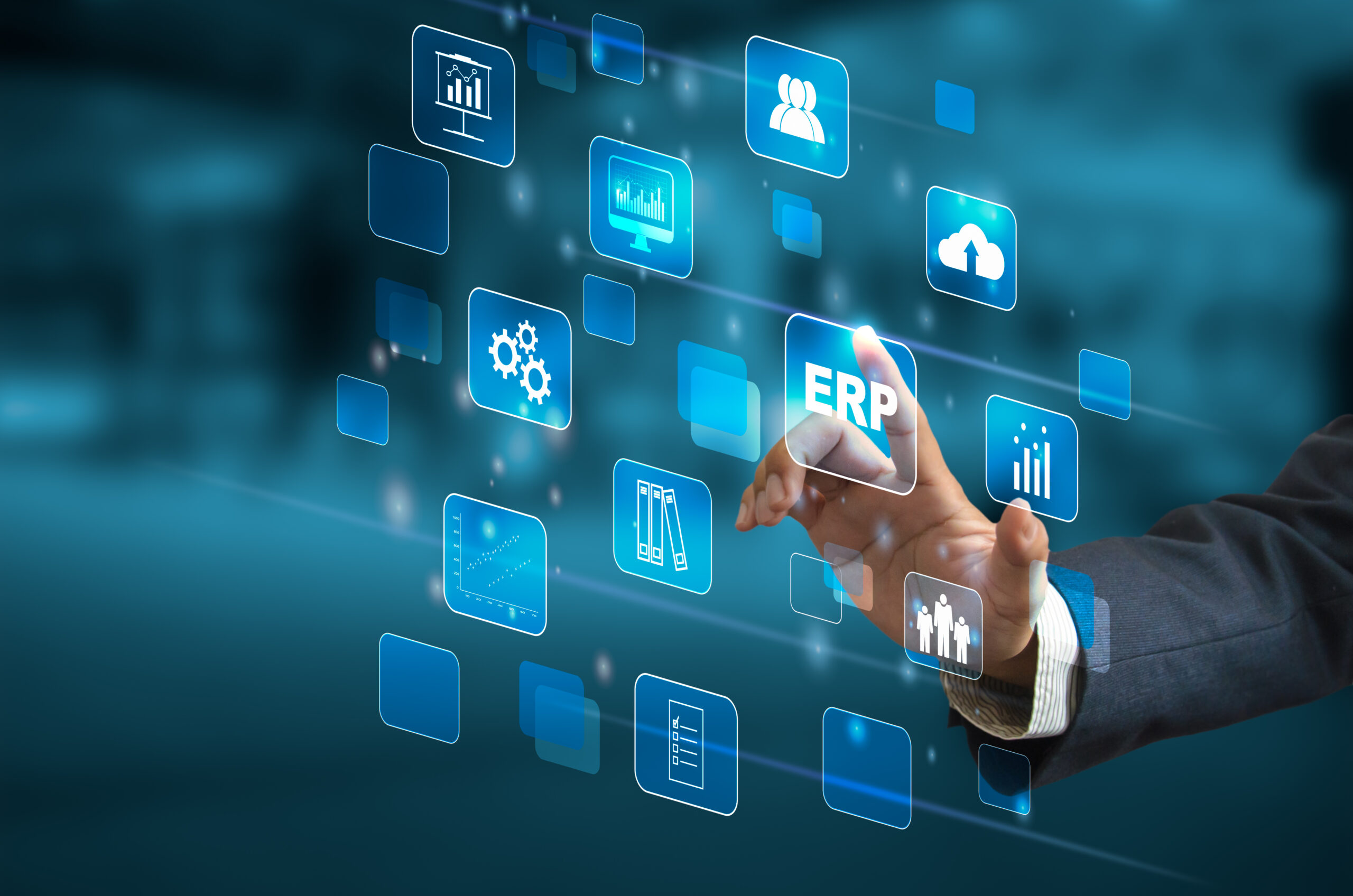 Businessman touching on virtual screen icon business ERP. Enterprise Resource Planning (ERP) document management concept